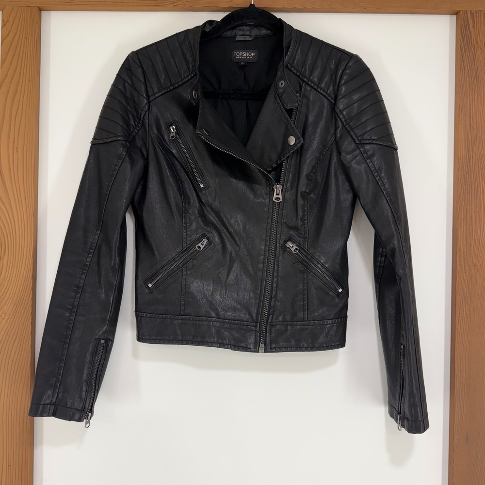 Topshop Women Faux Leather Biker Jacket Black Quilted Moto Size 6 Mobwife Grunge